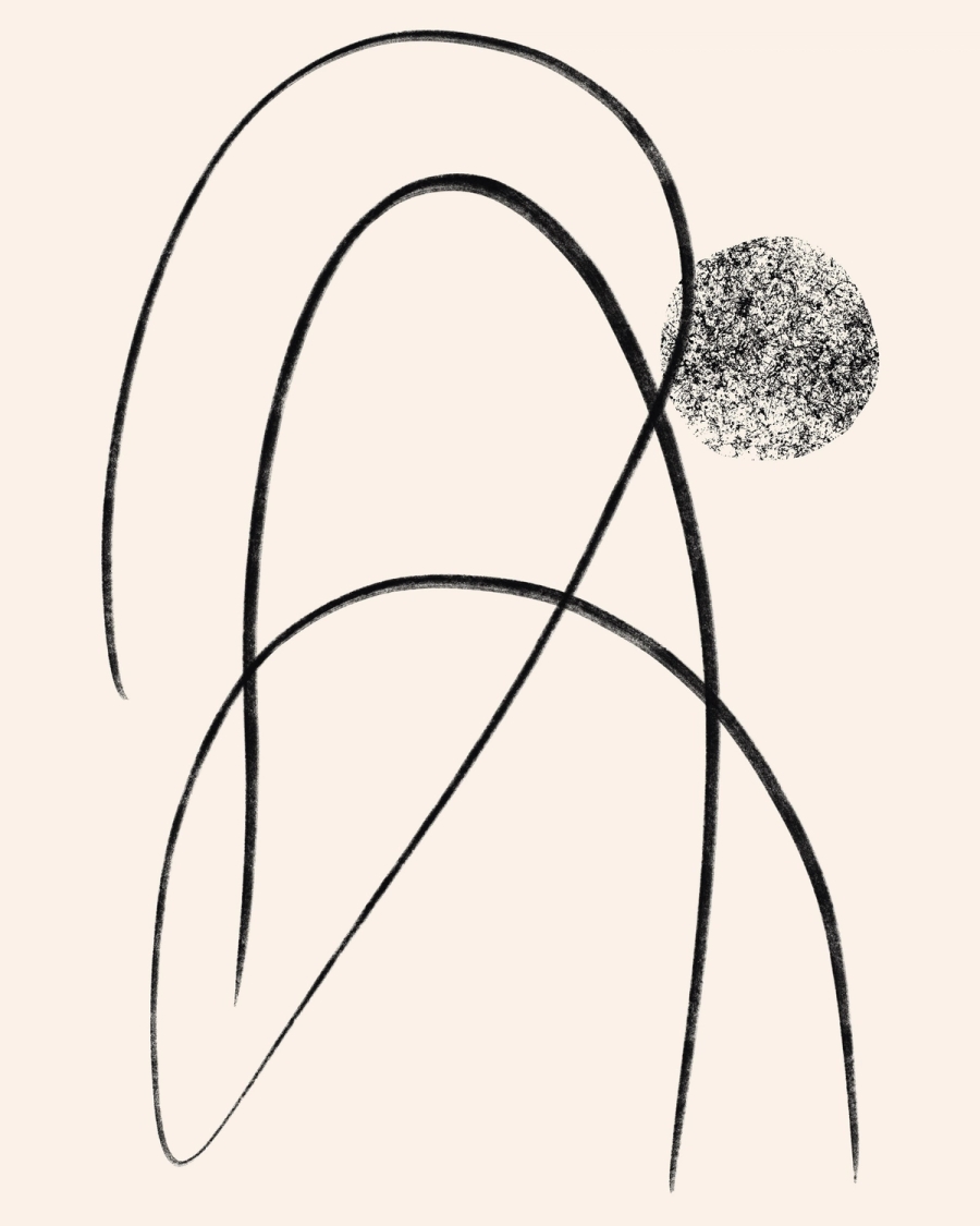 Abstract illustration with sweeping black arcs and a grainy black circle on a cream background