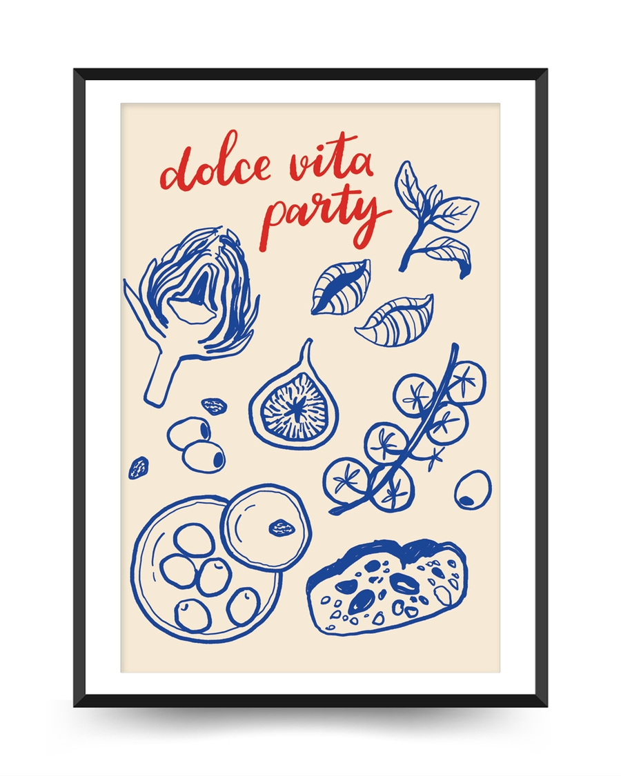 A poster of a Hand drawn Italian food illustrations with dolce vita text