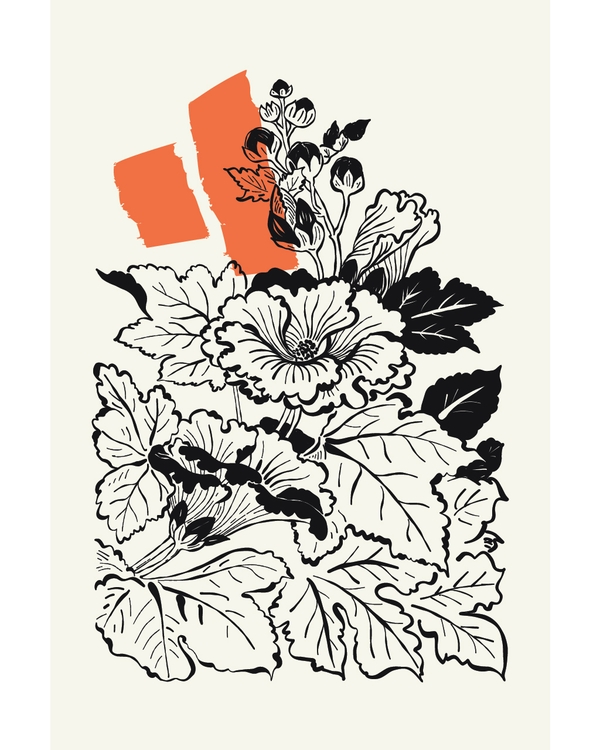 Japandi floral art with hand drawn flowers and orange accent