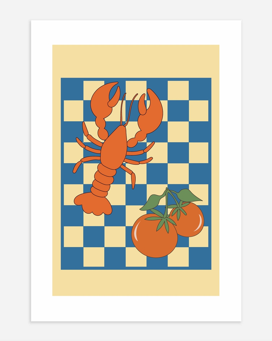 A poster of a Graphic lobster and tomatoes on blue checkerboard