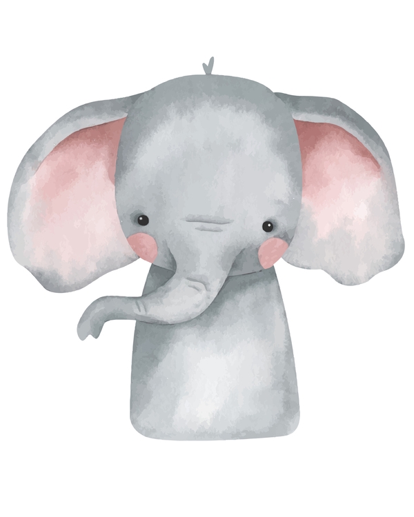Akvarell-elefant med grå kropp och rosa öron.