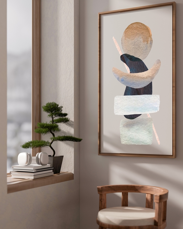 A poster of a Abstract stacked shapes in beige and black