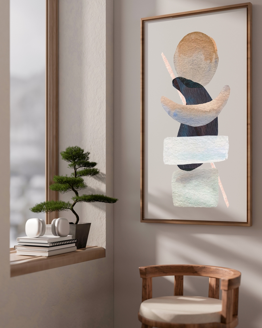 A poster of a Abstract stacked shapes in beige and black