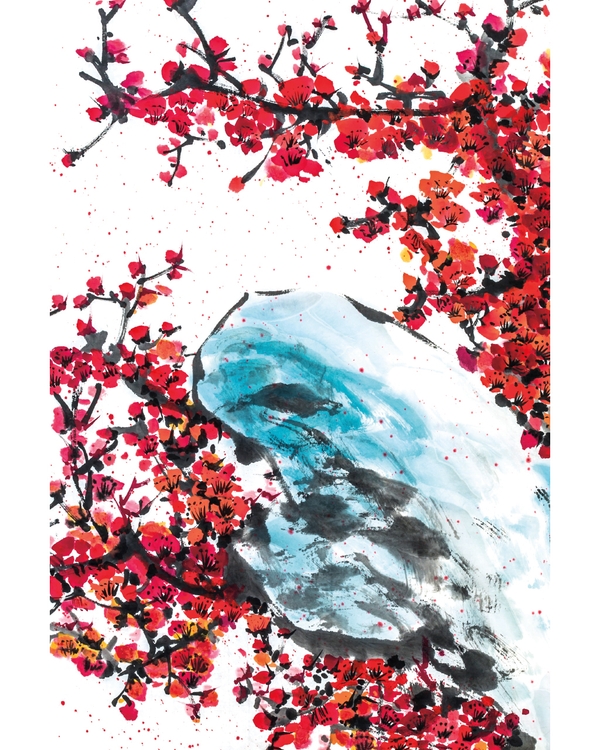 Abstract japandi art with red blossoms and blue forms