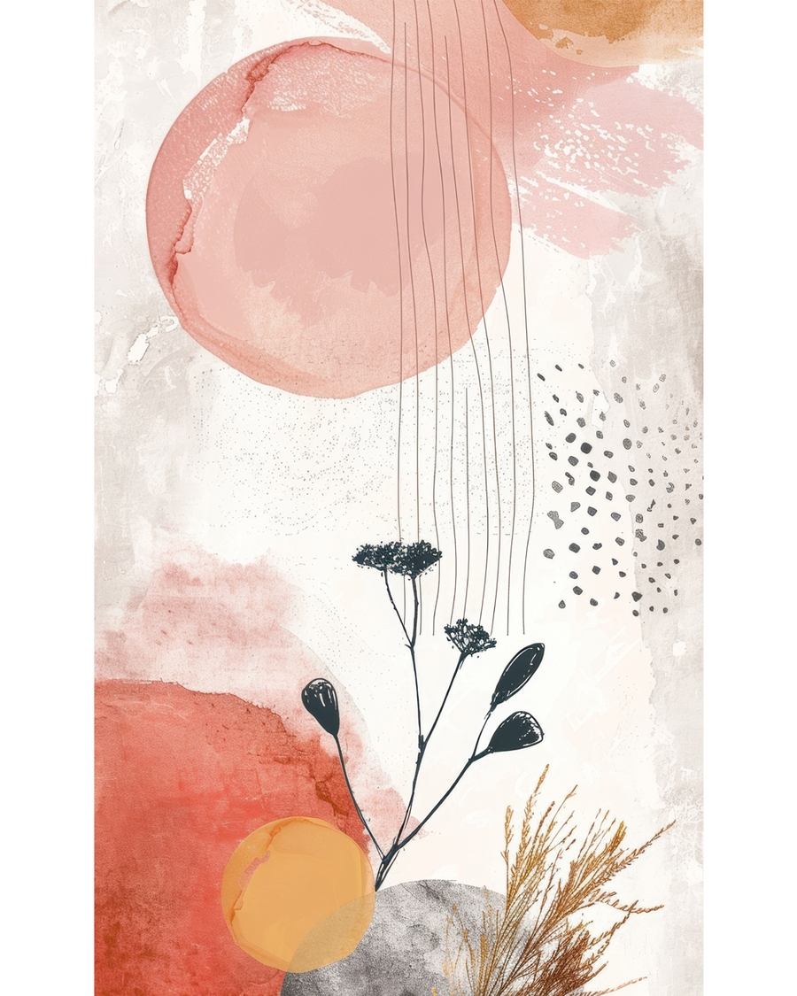Abstract poster with coral circles and black botanical details