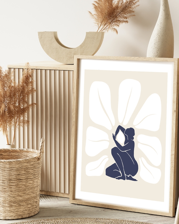 A poster of a navy silhouette surrounded by white petal shapes