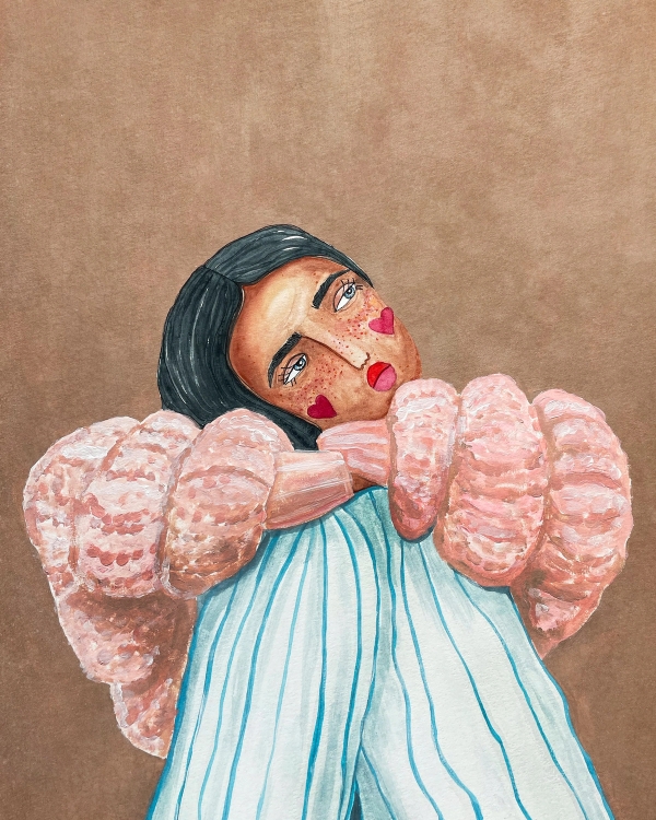Painted portrait of a woman with dark hair, blue striped shirt and large pink puff sleeves on brown