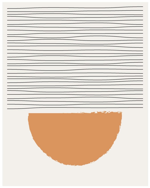 Abstract poster with ochre semicircle and horizontal lines.