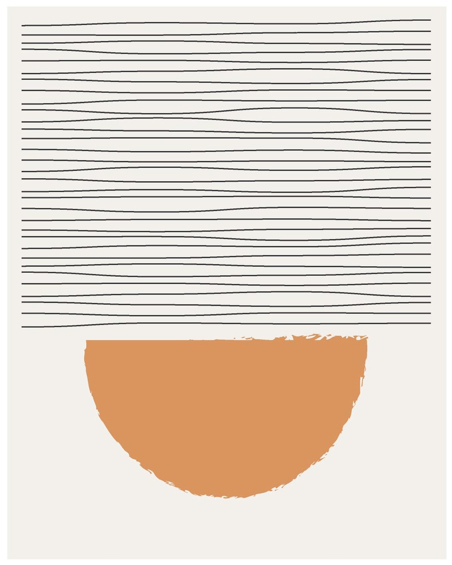 Abstract poster with ochre semicircle and horizontal lines.