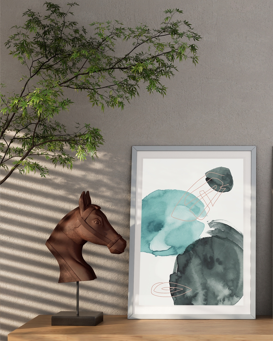 A poster of a Abstract teal watercolor shapes with warm lines