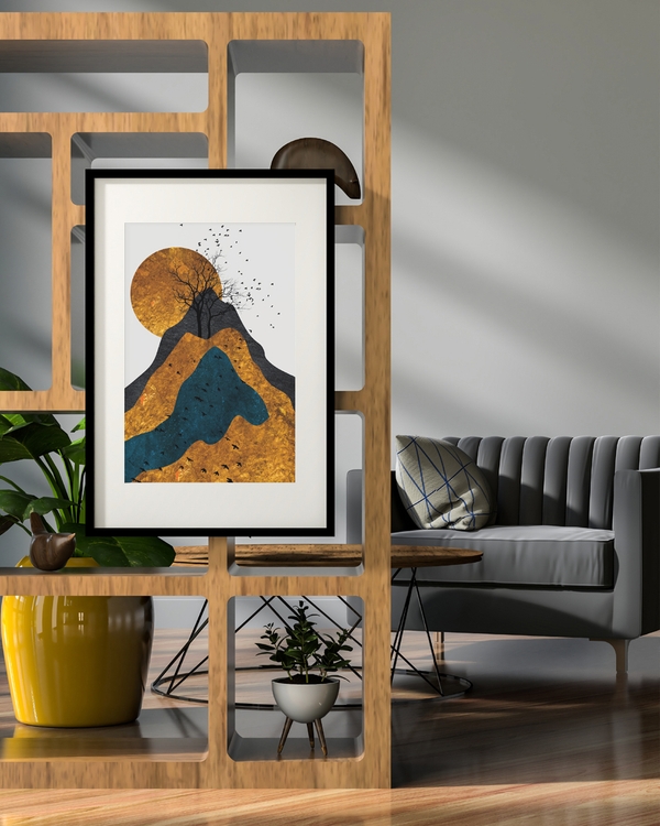 A poster of a Japandi landscape art with sun tree and birds