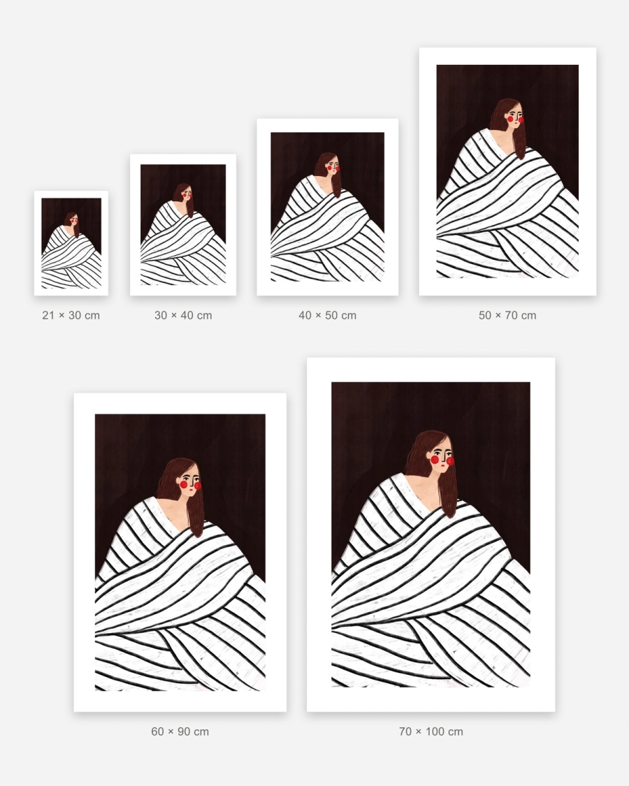 Wrapped in Stripes poster in 6 sizes, shown to scale: 21 × 30, 30 × 40, 40 × 50, 50 × 70, 60 × 90 and 70 × 100 cm