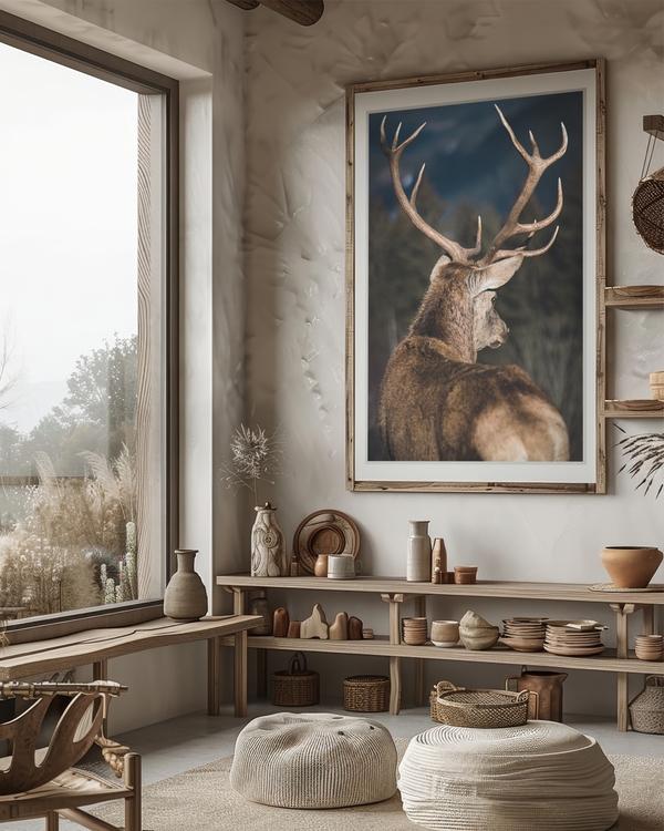 A poster of a Deer with antlers standing in Nordic landscape