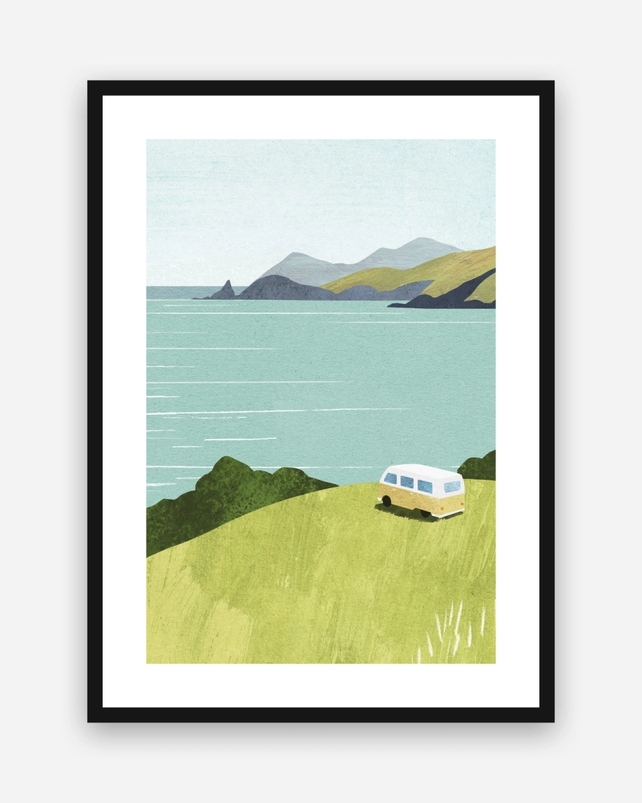 Camper by the Bay poster with a white border in a black frame