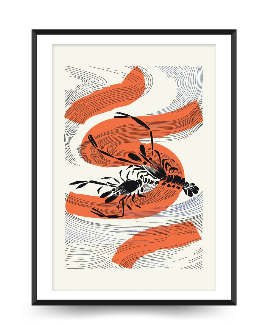 Graphic lobster illustration with flowing orange brush strokes