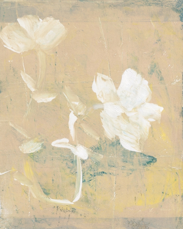 Painted ivory flowers with thick brushstrokes on a sandy beige textured background with yellow tones