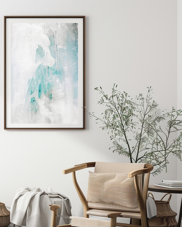A poster of a Abstract icy textures in white and soft turquoise tones