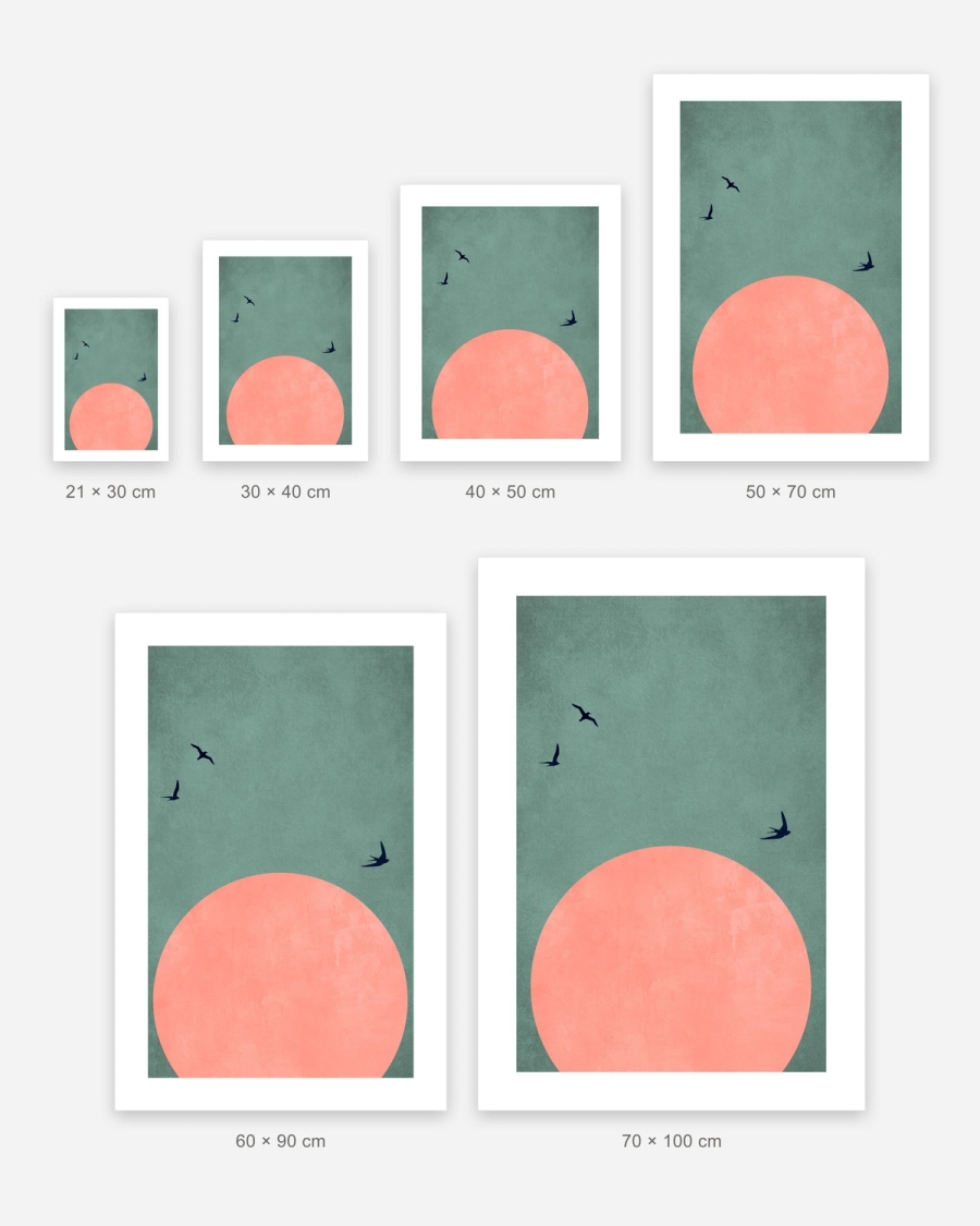 Coral Sun Flight poster in 6 sizes, shown to scale: 21 × 30, 30 × 40, 40 × 50, 50 × 70, 60 × 90 and 70 × 100 cm
