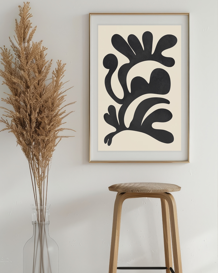 A poster of a Black abstract shapes on soft beige background