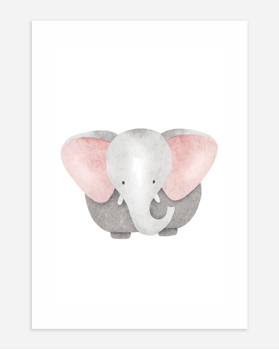 A poster of a Watercolor elephant with pink ears facing forward