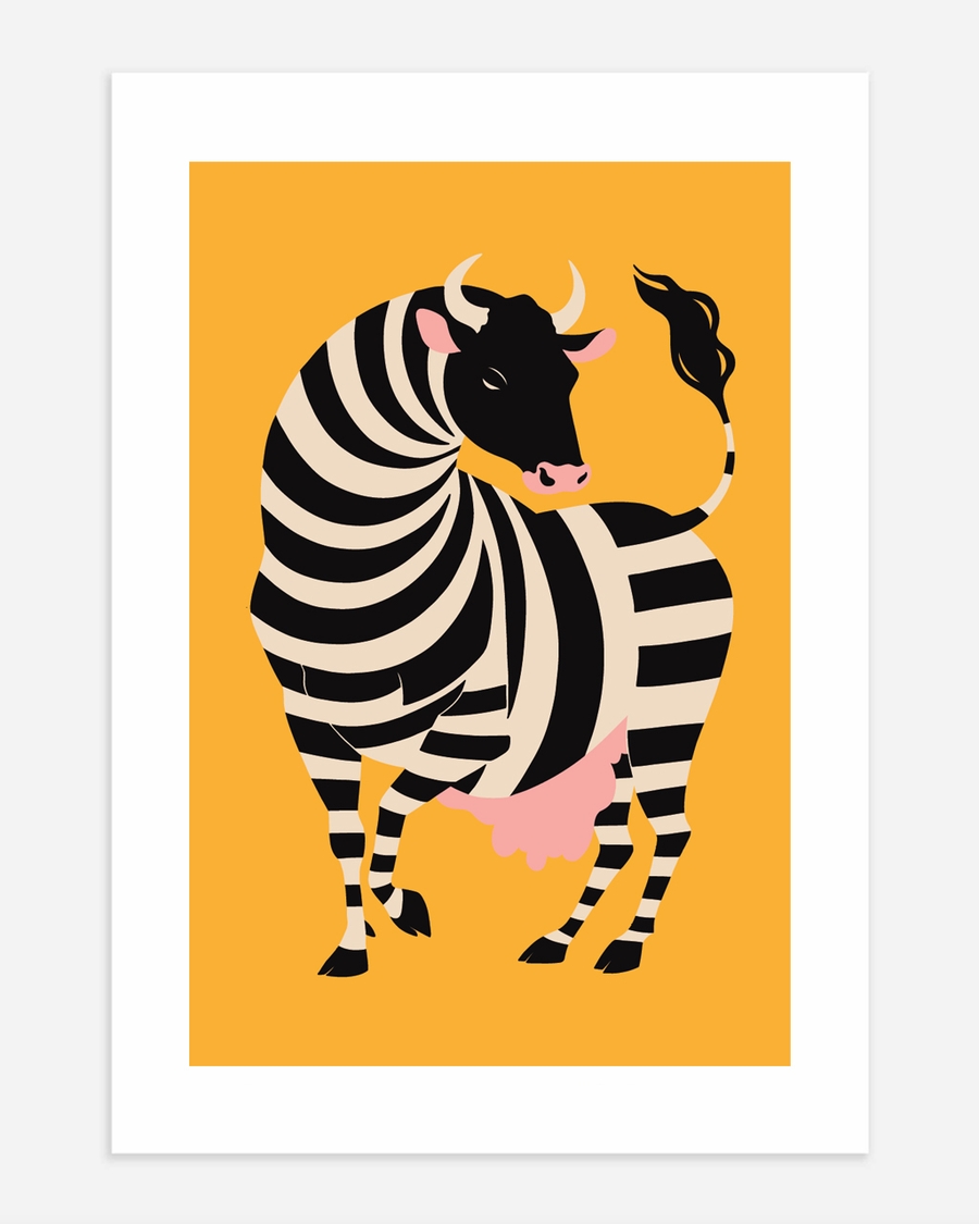 A poster of a Striped cow illustration on warm yellow background
