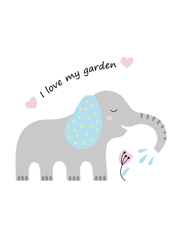 Elephant illustration watering flower with garden text