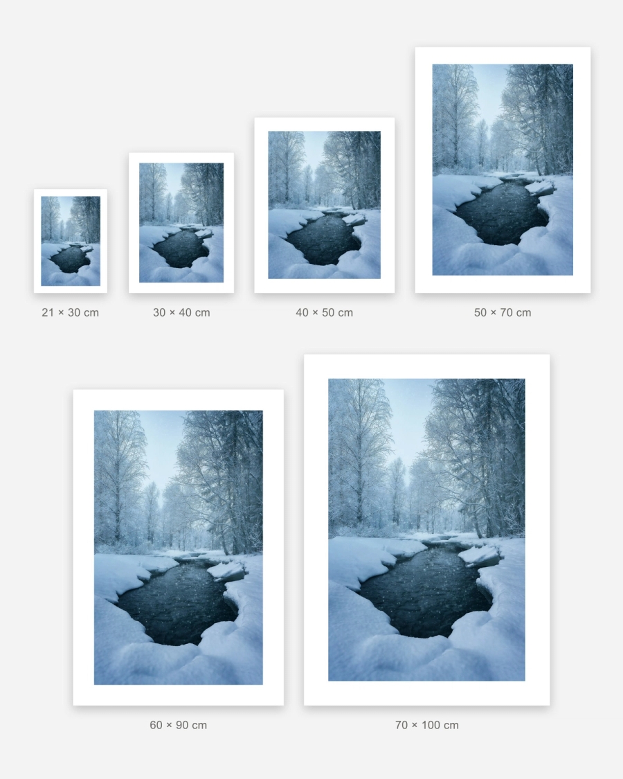 Snowlined Brook poster in 6 sizes, shown to scale: 21 × 30, 30 × 40, 40 × 50, 50 × 70, 60 × 90 and 70 × 100 cm