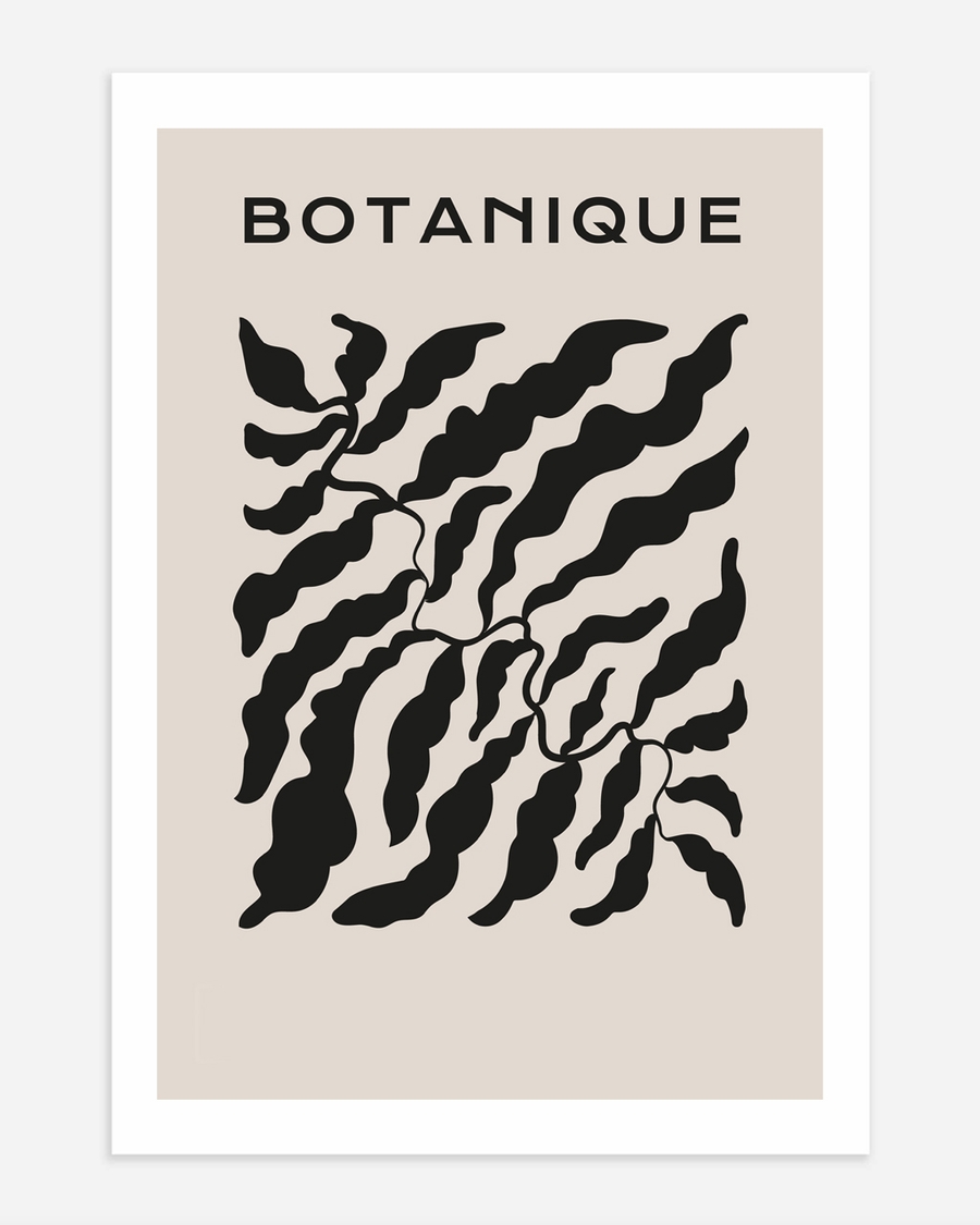 A poster of a Black botanical leaves on warm beige background