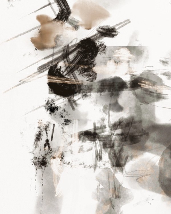 Abstract ink composition with black brushstrokes, gray washes and beige accents on an off-white ground