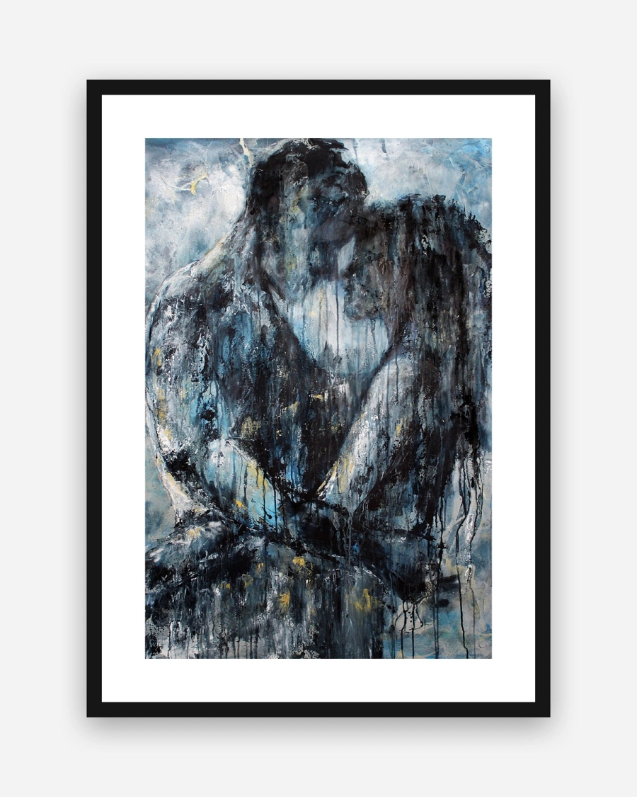 Blue Embrace poster with a white border in a black frame