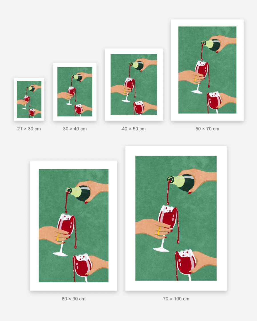 Generous Pour poster in 6 sizes, shown to scale: 21 × 30, 30 × 40, 40 × 50, 50 × 70, 60 × 90 and 70 × 100 cm