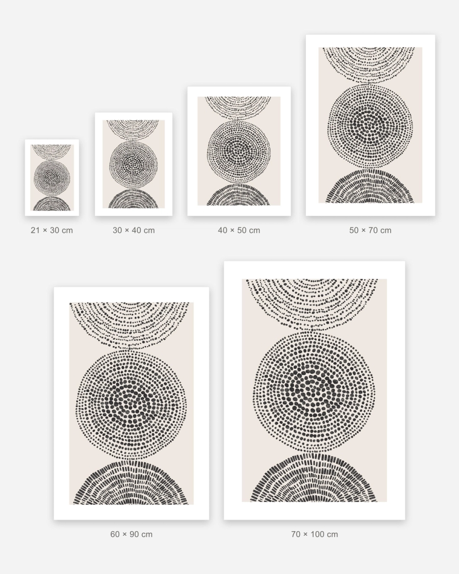 Stippled Circles poster in 6 sizes, shown to scale: 21 × 30, 30 × 40, 40 × 50, 50 × 70, 60 × 90 and 70 × 100 cm