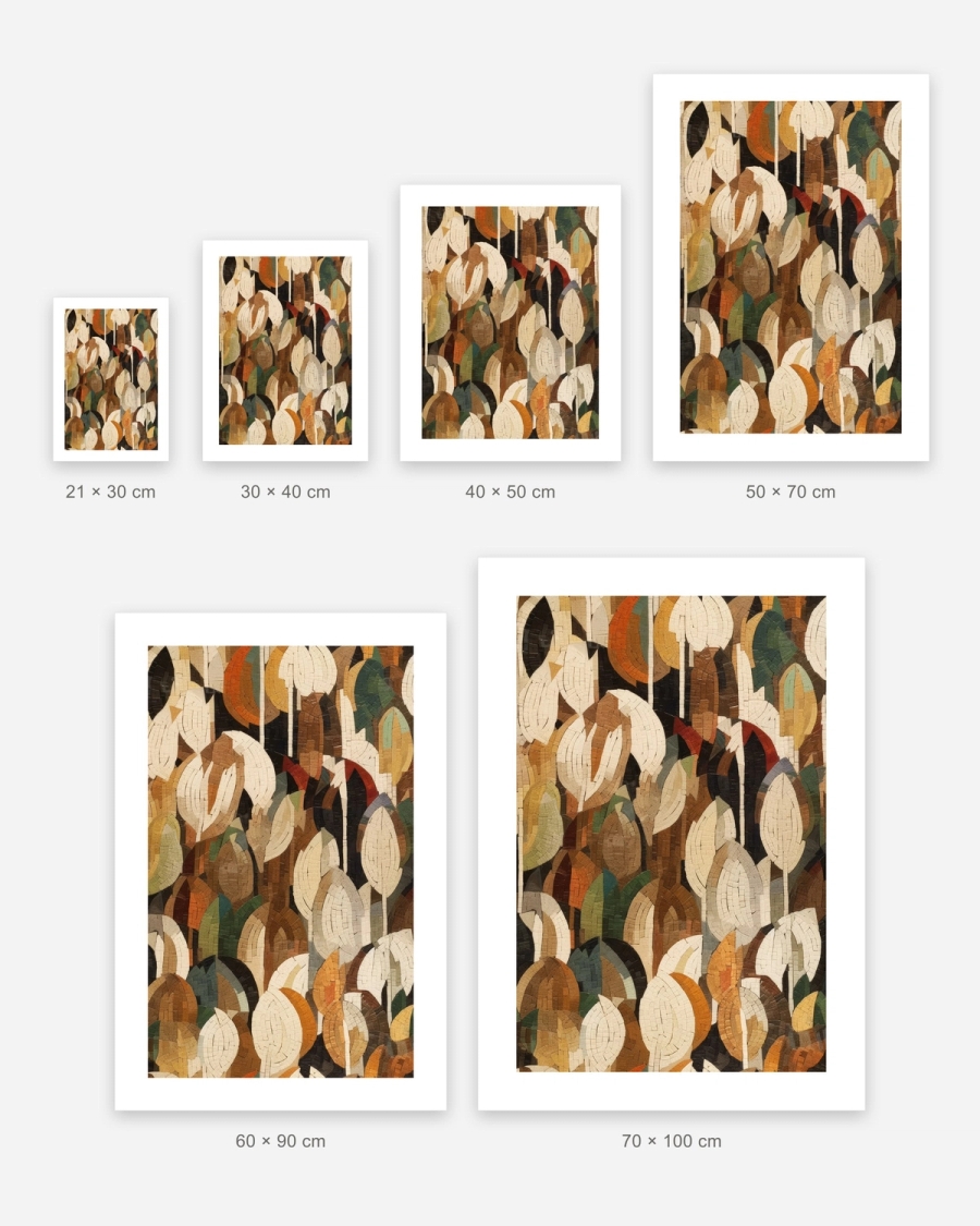 Mosaic Leaf Canopy poster in 6 sizes, shown to scale: 21 × 30, 30 × 40, 40 × 50, 50 × 70, 60 × 90 and 70 × 100 cm