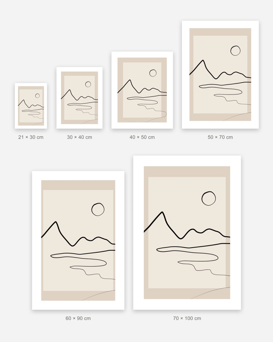 Line Drawn Valley poster in 6 sizes, shown to scale: 21 × 30, 30 × 40, 40 × 50, 50 × 70, 60 × 90 and 70 × 100 cm