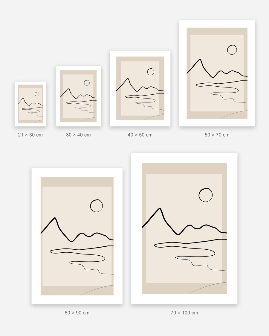 Line Drawn Valley poster in 6 sizes, shown to scale: 21 × 30, 30 × 40, 40 × 50, 50 × 70, 60 × 90 and 70 × 100 cm