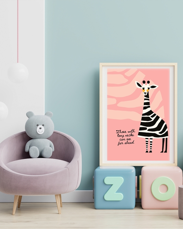 A poster of a Striped giraffe on pink background with message