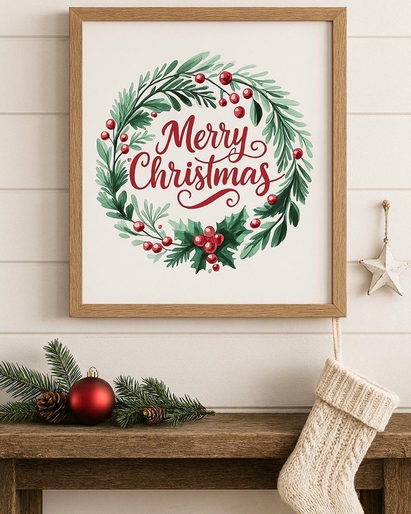 A poster of a christmas wreath with red berries and festive text