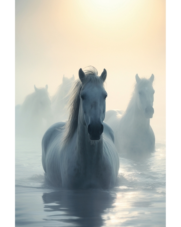 White horses standing in misty water during sunrise