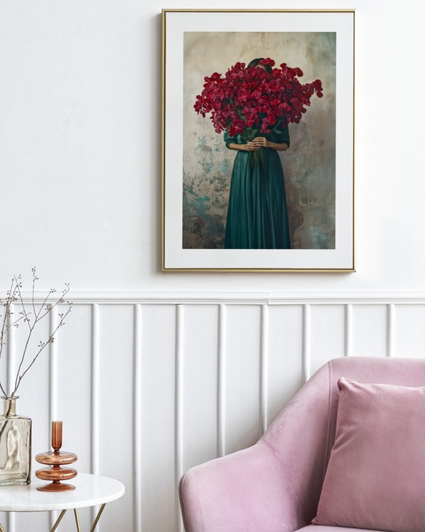 Crimson Bouquet poster in a slim gold frame above white panelling beside a pink velvet sofa