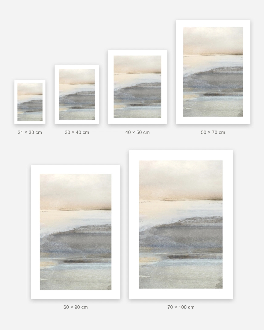 Mist Over Sand poster in 6 sizes, shown to scale: 21 × 30, 30 × 40, 40 × 50, 50 × 70, 60 × 90 and 70 × 100 cm