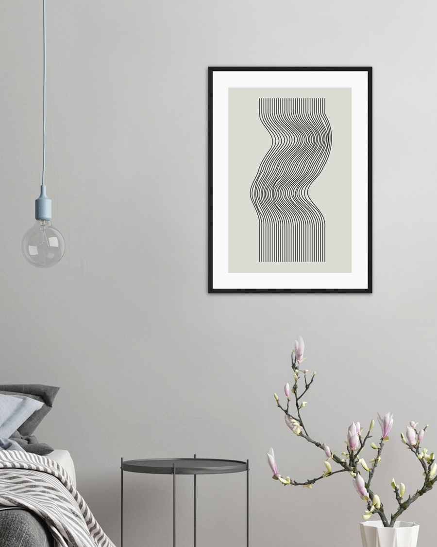 Poster one of black waves on a off-white background on a wall in a bedroom