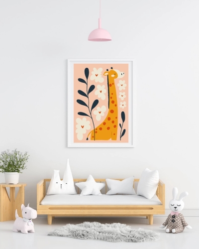 Aposter of a Orange giraffe among flowers and dark leaves