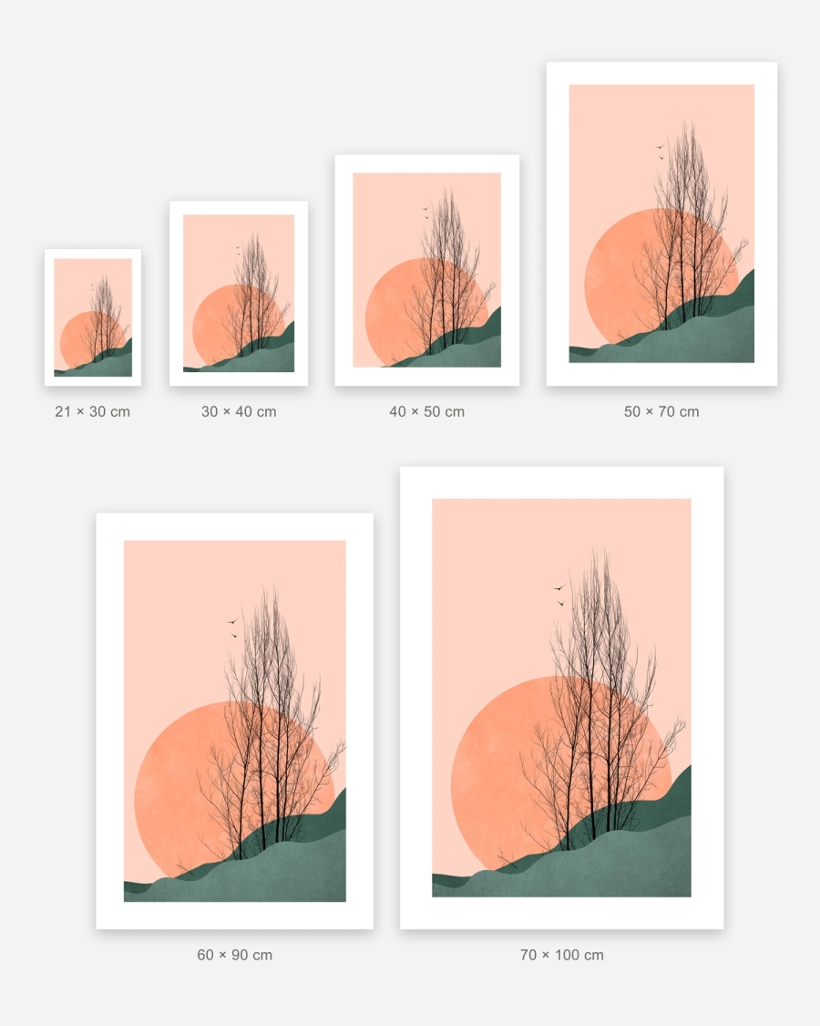 Peach Sun Grove poster in 6 sizes, shown to scale: 21 × 30, 30 × 40, 40 × 50, 50 × 70, 60 × 90 and 70 × 100 cm