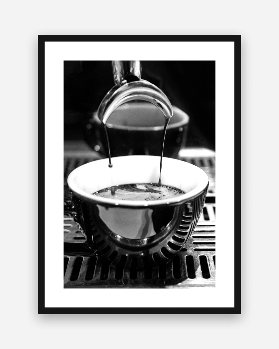 Espresso Pour poster with a white border in a black frame