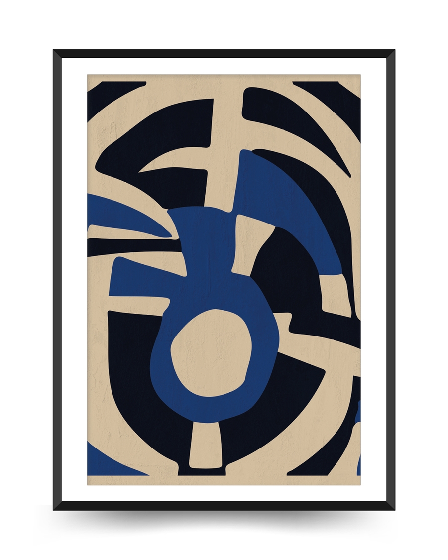 A poster of a Abstract graphic shapes in blue and black