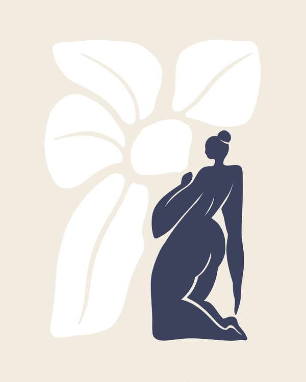 Navy silhouette beside white petal shapes on beige