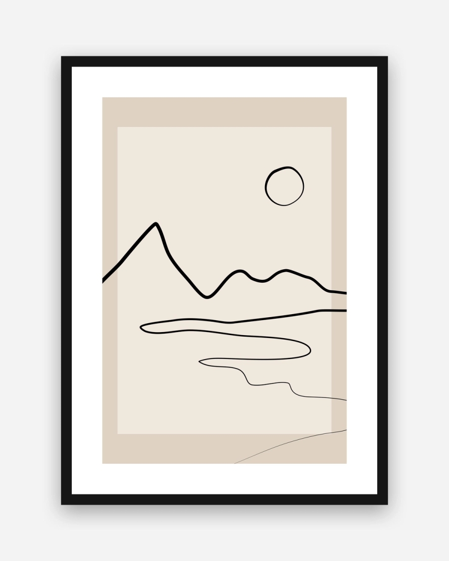 Line Drawn Valley poster with a white border in a black frame