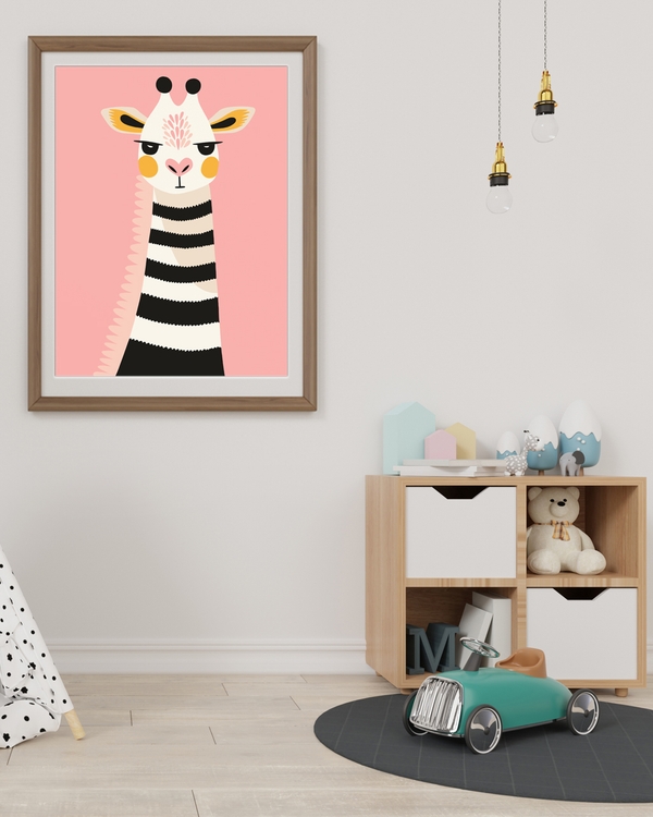 A poster of a Striped giraffe on soft pink background looking curious