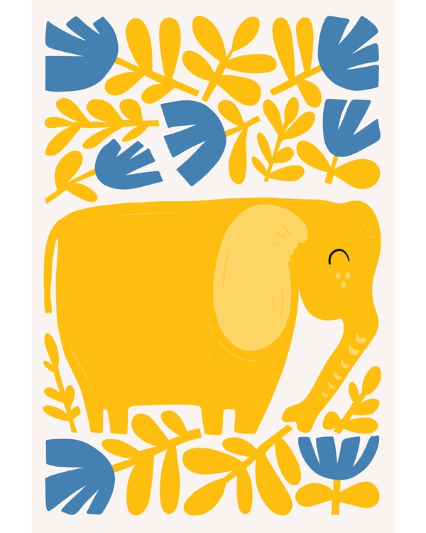 Yellow elephant surrounded by playful botanical shapes