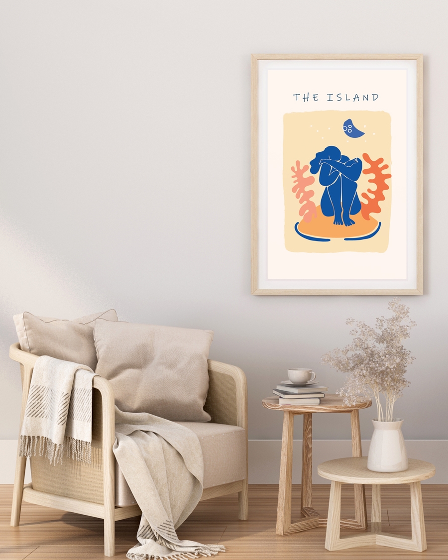 A poster of a Abstract blue figure sitting on island under moon
